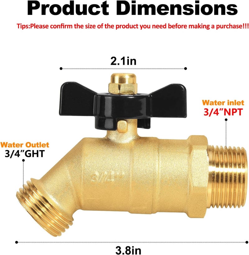 SIGURANTA 3/4" NPT/MIP Brass Male Hose Faucet, Water Spigot with 3/4" Male GHT Thread, Heavy-Duty Outdoor Hose Full-Flow Valve Outdoor Faucet (3/4" NPT Inlet Butterfly Handle) - Image 2